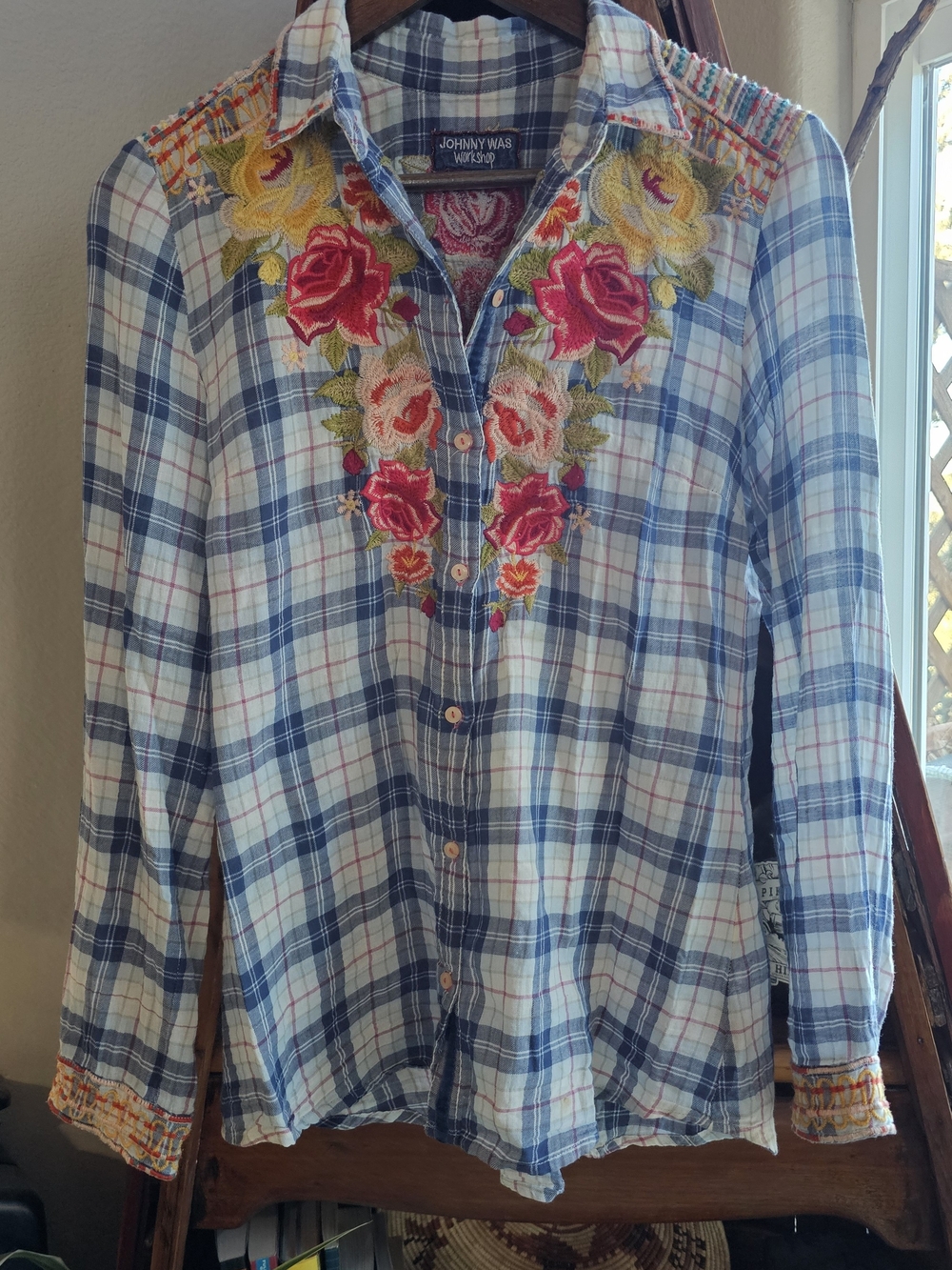 Johnny Was Blue Plaid Button-Down Shirt with Floral Embroidery